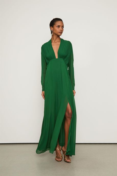 Vestido De Georgette Longo Verde Manga Longa Com Decote v Verde Eden - 38