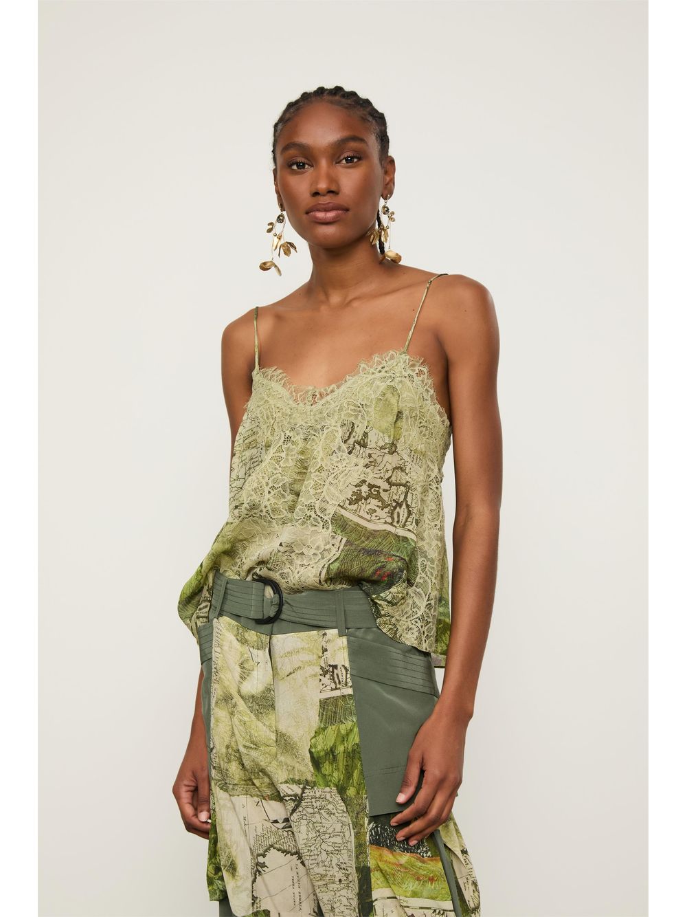 Animale — Top De Georgette De Alcinha Decote v Estampado Com Renda