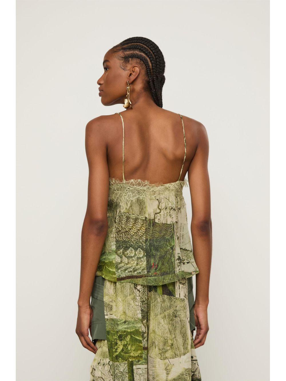 Animale — Top De Georgette De Alcinha Decote v Estampado Com Renda