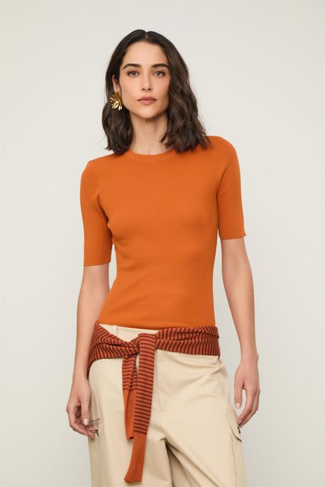 T-Shirt Básica De Tricot Canelado Laranja Modart - M