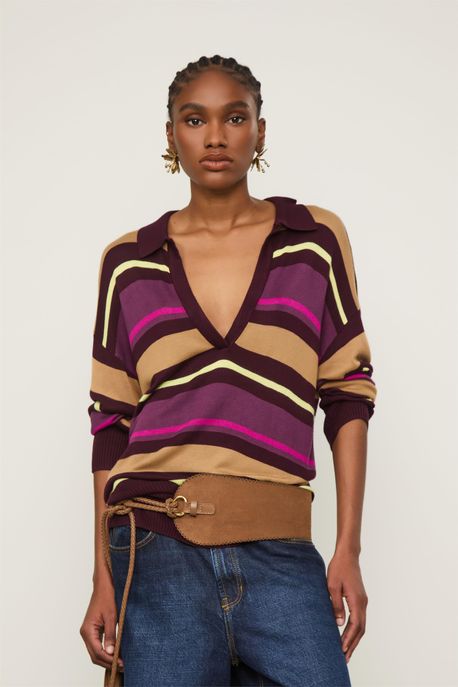 Blusa De Tricot Gola Polo Listras Coloridas Vinho Safra/ Neon/ Roxo/ Marrom Sepia/ r - G