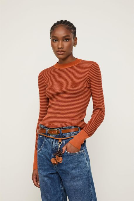 Blusa Básica De Tricot Listras Com Lurex Vermelho Terroso/ Marrom Biscoito/ Laran - G