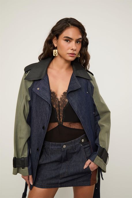 Jaqueta Jeans Mix Sarja Couro Jeans Escuro - P
