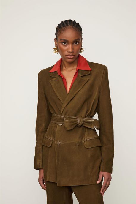 Blazer De Chamois Com Faixa Textura Marrom - 34