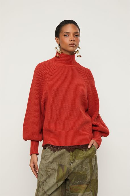 Casaco De Tricot Com Punho e Gola Maxi Vermelho Terroso - M