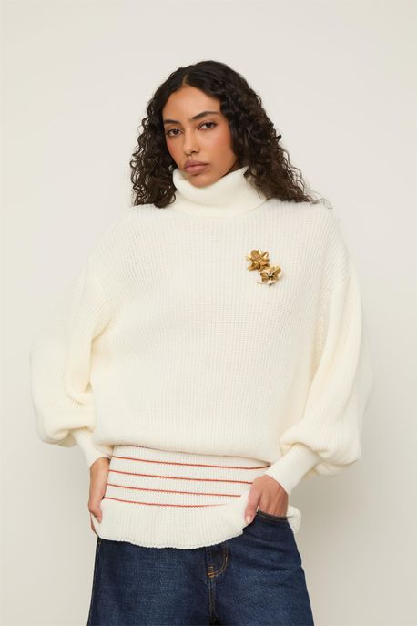 Blusão De Tricot Cós Lastex Off White / Marrom Sepia - P