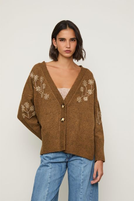Cardigan Tricot Bordado Gola v Marrom Sepia - M