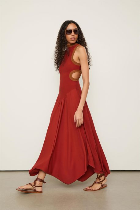 Vestido De Tricot Midi Vermelho Terroso Com Abertura Lateral Vermelho Terroso/ Marrom Biscoito - M