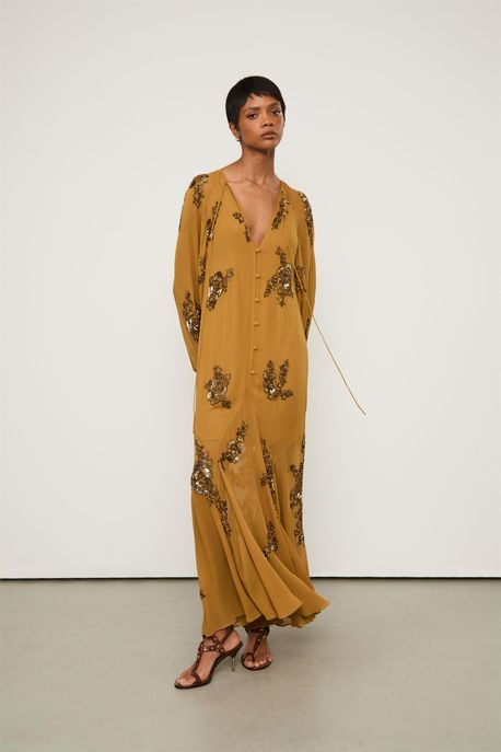 Vestido De Georgette Midi Manga Longa Marrom Bordado Marrom Sepia - 38