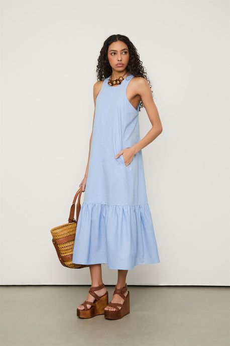 Vestido De Algodao Decote Halter Azul Azul - 36