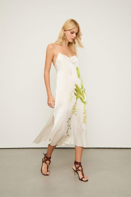 Vestido De Cetim Midi Alcinha Franzido Busto Est Loc Floral Botanico Color - 34