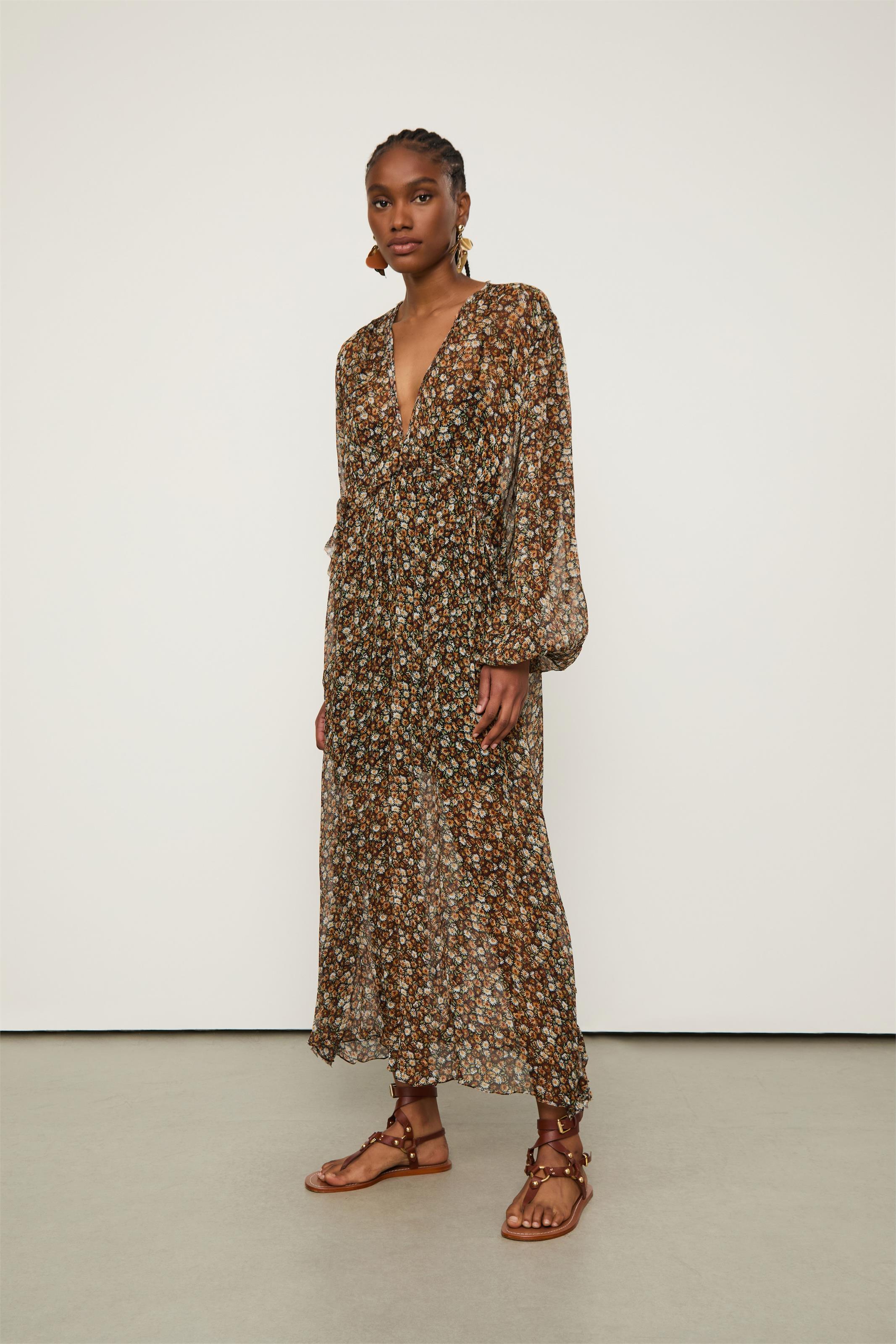 Vestido De Chiffon Midi Manga Longa Decote v Com Babados Estampado