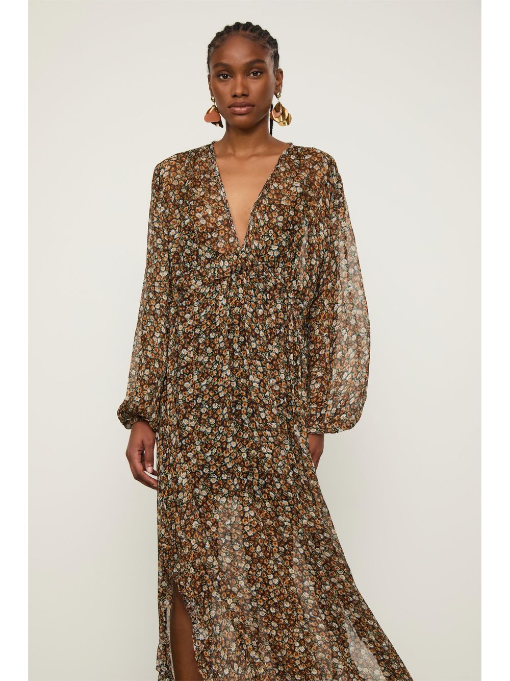 Animale — Vestido De Chiffon Midi Manga Longa Decote v Com Babados Estampado