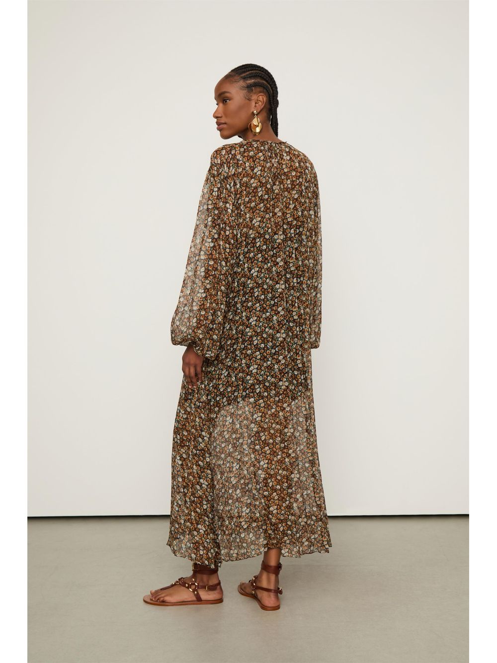 Animale — Vestido De Chiffon Midi Manga Longa Decote v Com Babados Estampado