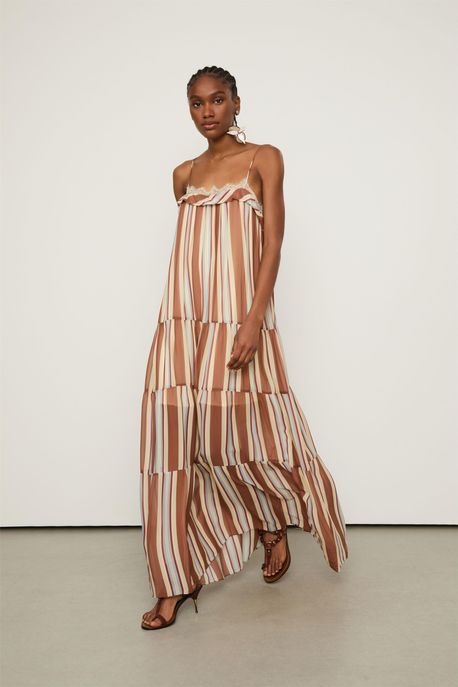 Vestido De Georgette Longo Com Alca Listrado Est Listra Bruma Terroso - 38