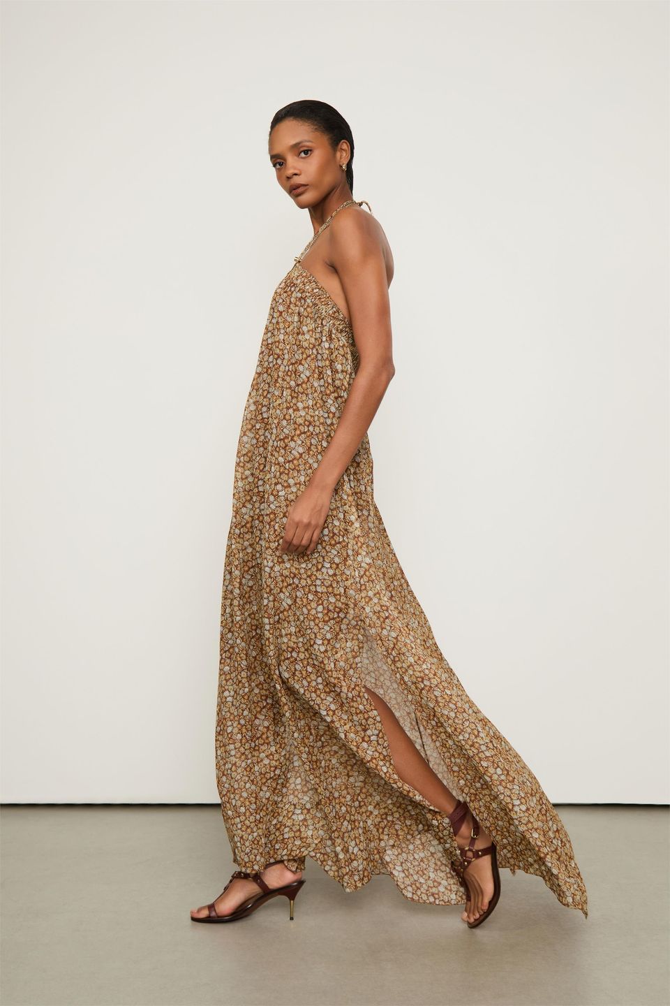 Vestido de Georgette Longo Frente Unica com Alca Estampado