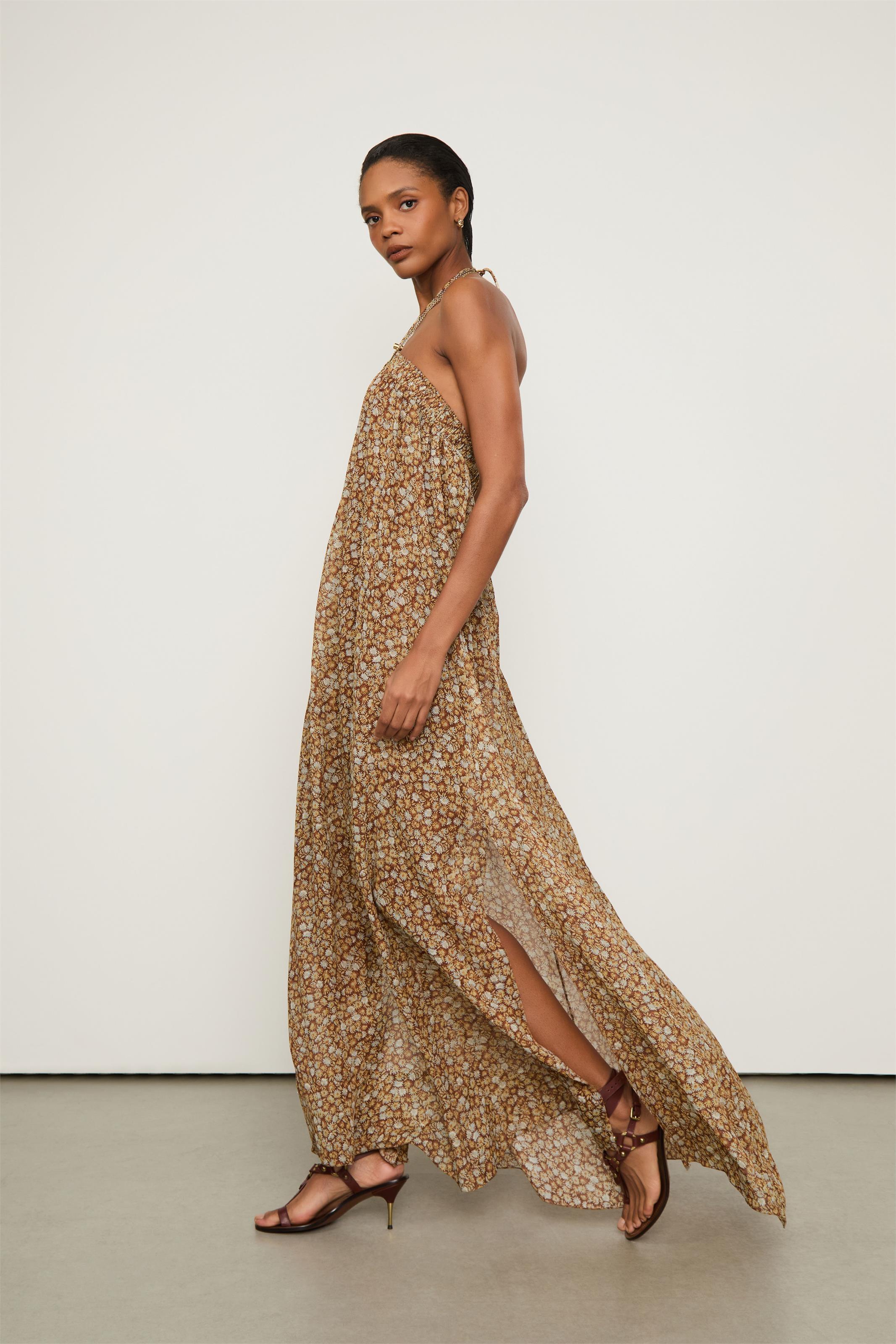 Vestido De Georgette Longo Frente Unica Com Alca Estampado