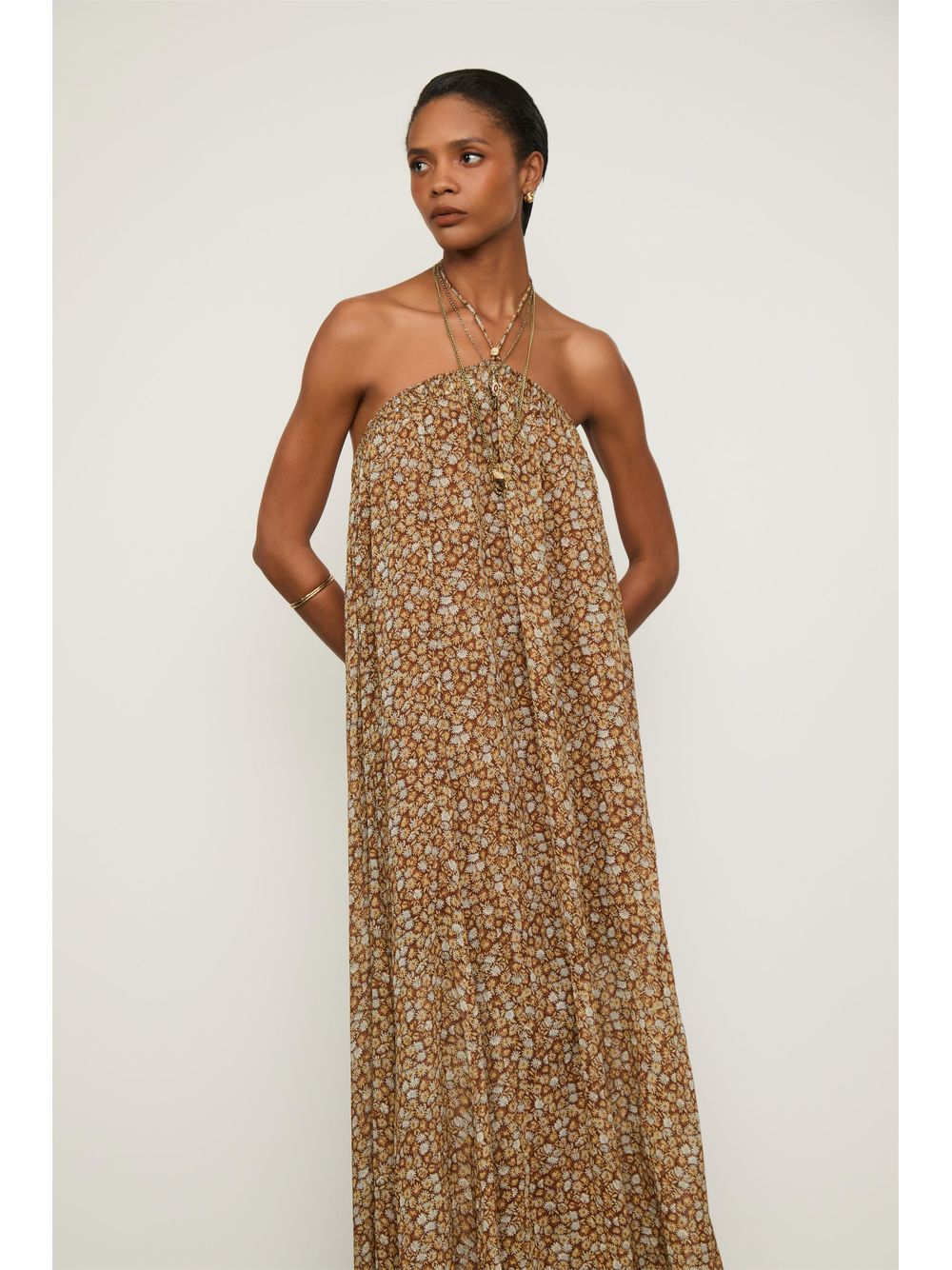 Animale — Vestido De Georgette Longo Frente Unica Com Alca Estampado