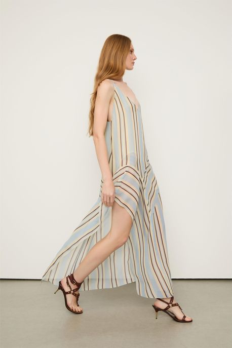 Vestido De Georgette Alcinha Longo Assimetrico Listrado Est Listra Bruma Manha - 40