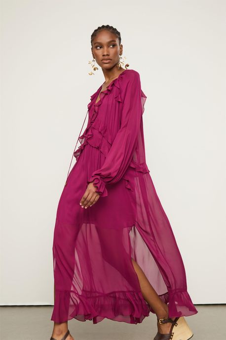 Vestido De Georgette Midi Roxo Acai Com Mangas e Babados Roxo Acai - 38