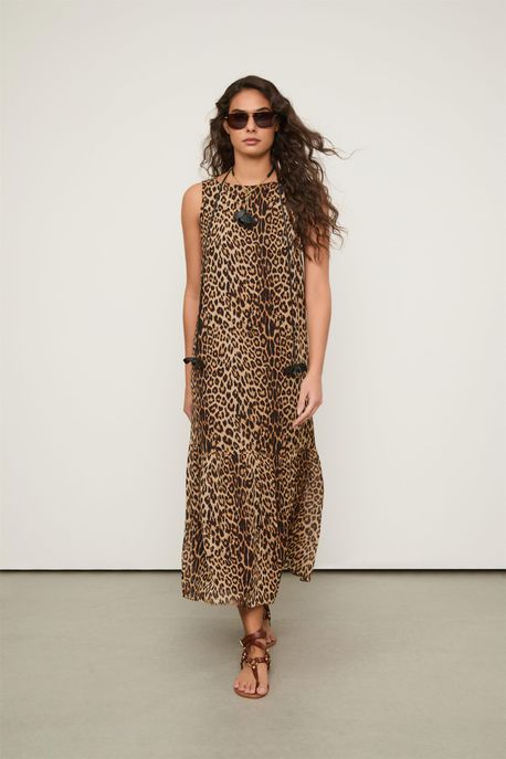 Vestido De Georgette Midi Decote Costas Estampado Est Onca Classica Color - 42