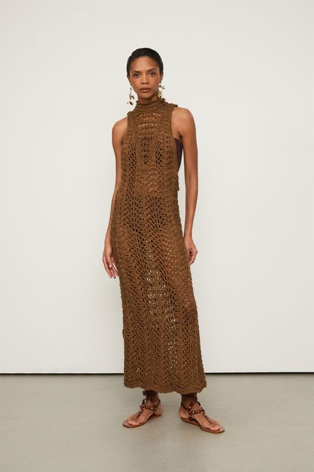 Vestido Tricot Decote Nadador Longo Marrom Castanha - G