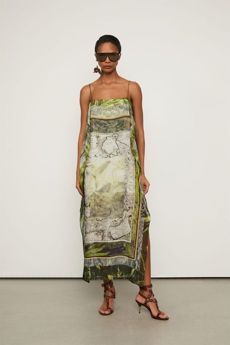 Vestido De Georgette Midi Alcinha Estampado Est Lenco Mapa Color - 38