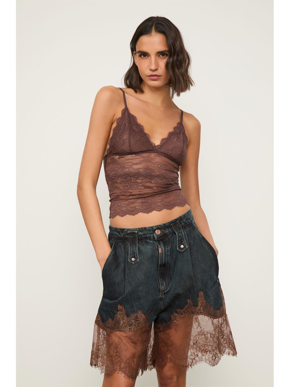 Animale — Bermuda Jeans Com Renda