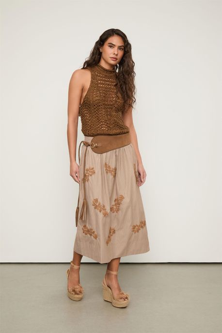 Saia Midi De Algodão Com Bordado De Ráfia Listrada Marrom Marrom/Off White - G
