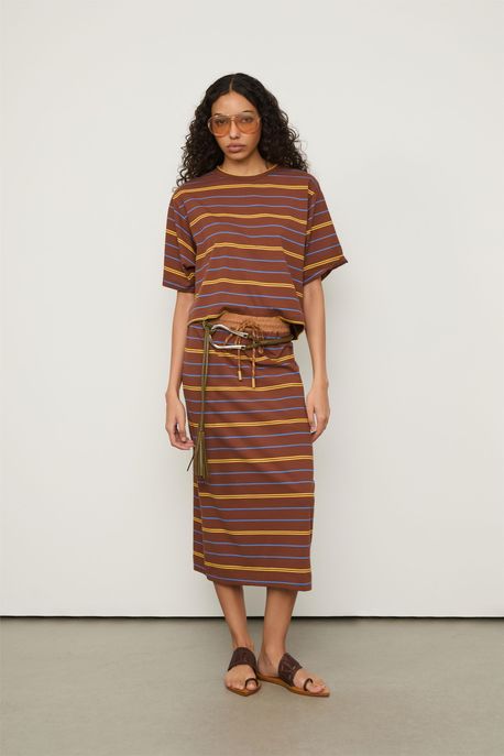 Saia Midi Fio Tinto Marrom Sepia / Azul e Caramelo - M
