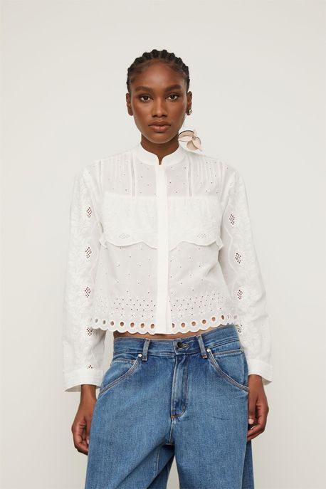 Camisa De Algodão De Manga Longa Bordada Branca Off White - 38