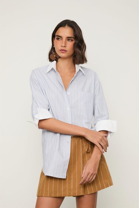 Camisa De Tricoline Listrada Com Punho Liso Azul - M