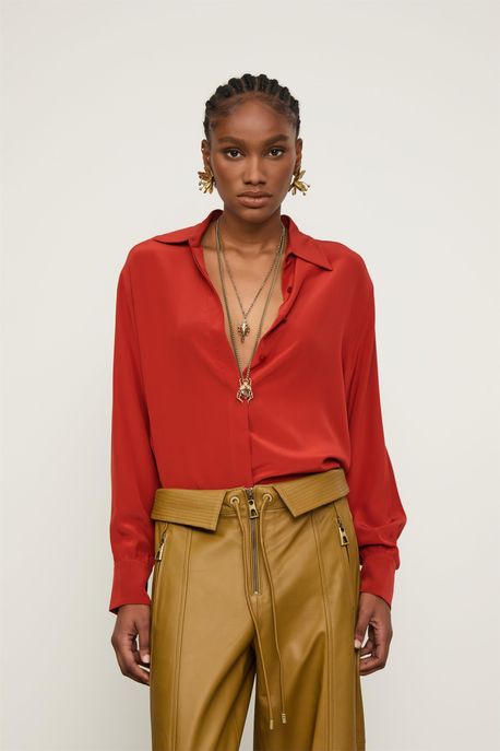 Camisa Seda Ampla Vermelha Manga Longa Vermelho Terroso - 36