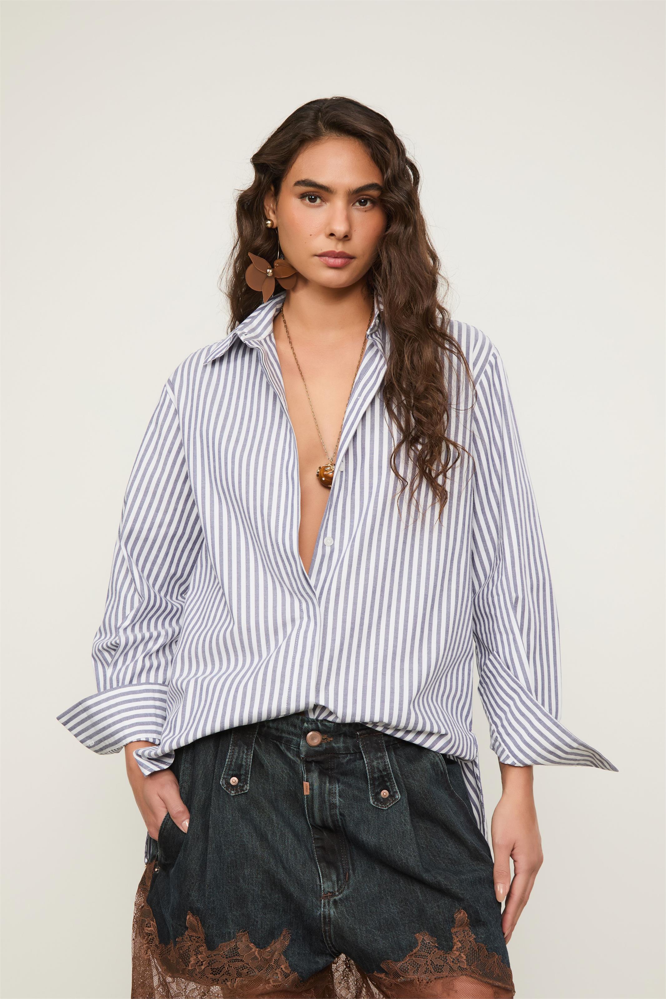 Camisa De Tricoline Listras Azul