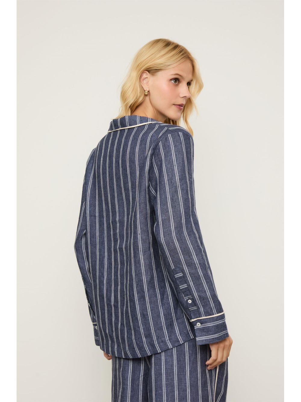 Animale — Camisa De Linho Azul Polo Listrada