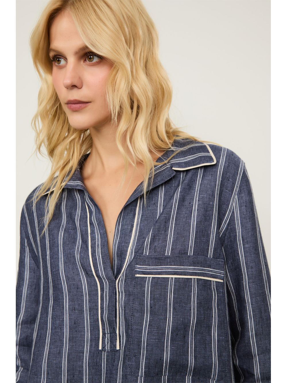 Animale — Camisa De Linho Azul Polo Listrada