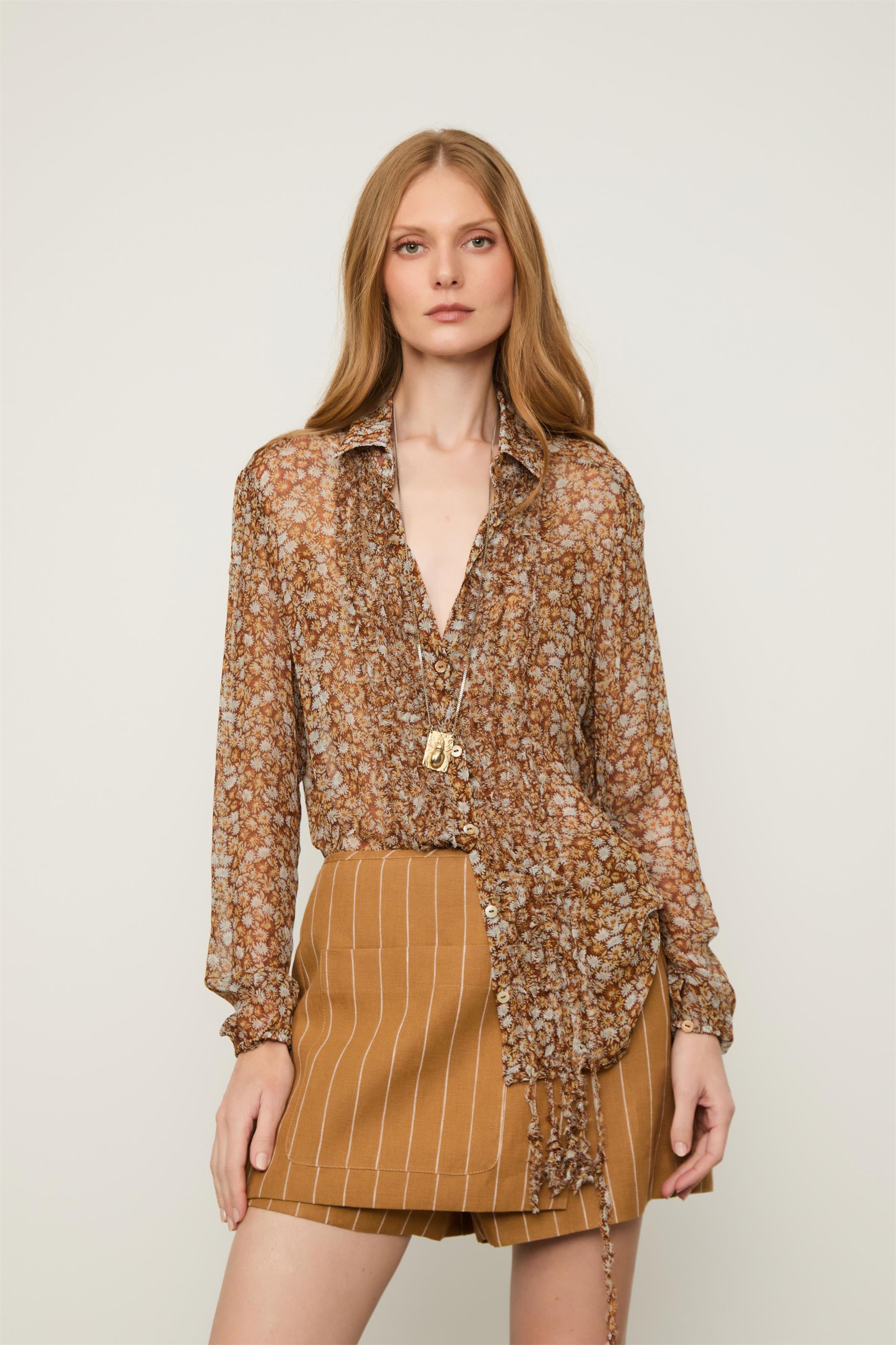 Camisa De Chiffon Com Micro Babados Estampada