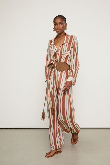 Camisa De Georgette Oversized Com Bolso Listrada Est Listra Bruma Terroso - 36