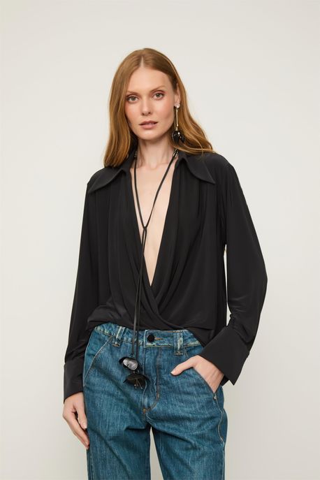 Camisa Jersey Punhos Transpassada Preto - M