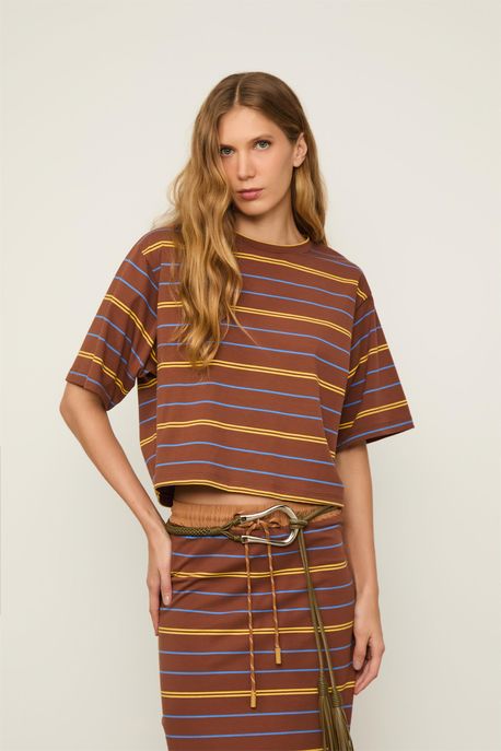 T-Shirt Fio Tinto Marrom Marrom / Azul/ Amarelo - G
