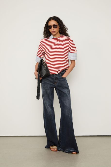 T-Shirt Fio Tinto Vermelha Vermelho / Off White - P