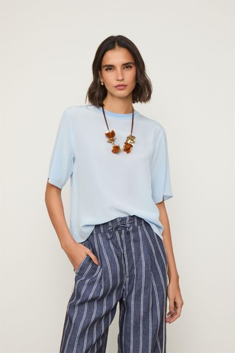 Camiseta De Seda Gola Rib Azul Bruma - 44