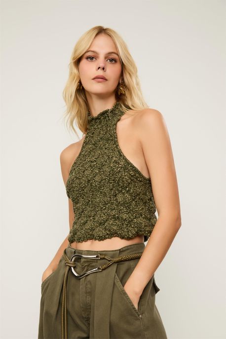 Top Tricot Textura Decote Halter Verde Thyme - G
