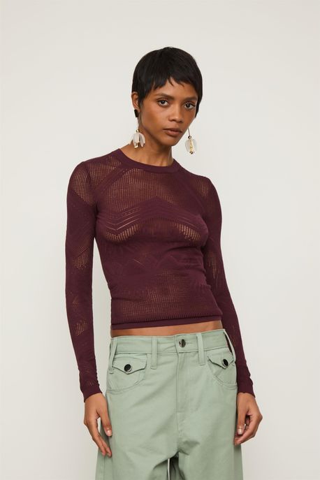 Blusa De Tricot Manga Longa Com Transparência Rendada Vinho Safra - P