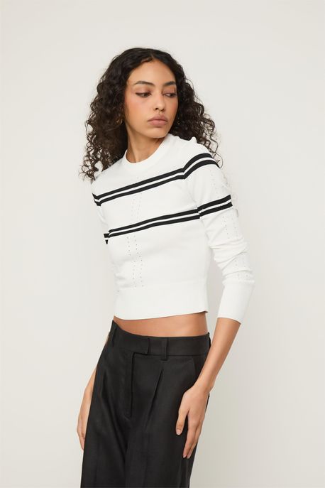 Blusa De Tricot Manga Longa Listra Dupla Off White/ Preto - G