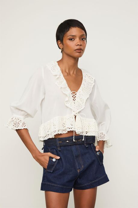 Blusa De Manga Longa Decote v Com Babado Bordado e Amarração Off White Off White - G