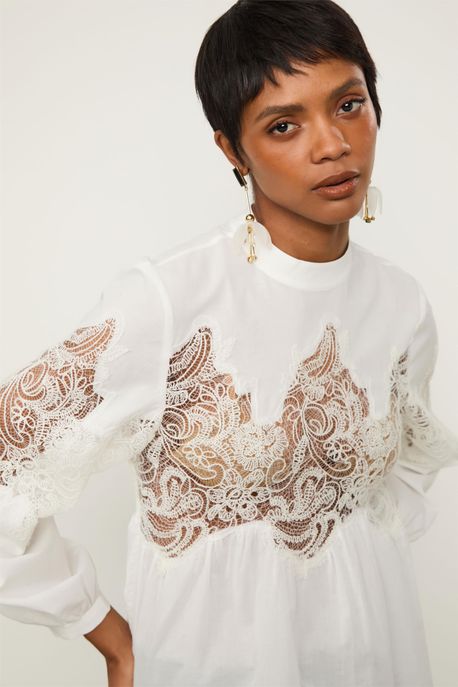 Blusa De Algodão Com Manga Longa Recorte De Renda Branca Off White - G