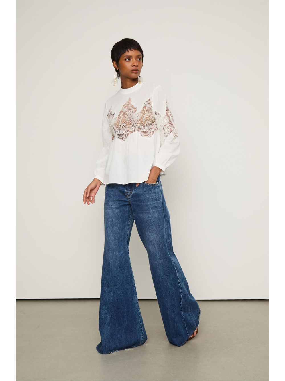 Animale — Blusa De Algodão Com Manga Longa Recorte De Renda Branca