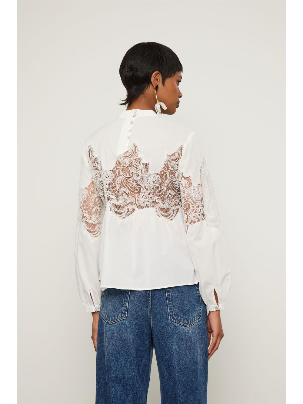 Animale — Blusa De Algodão Com Manga Longa Recorte De Renda Branca