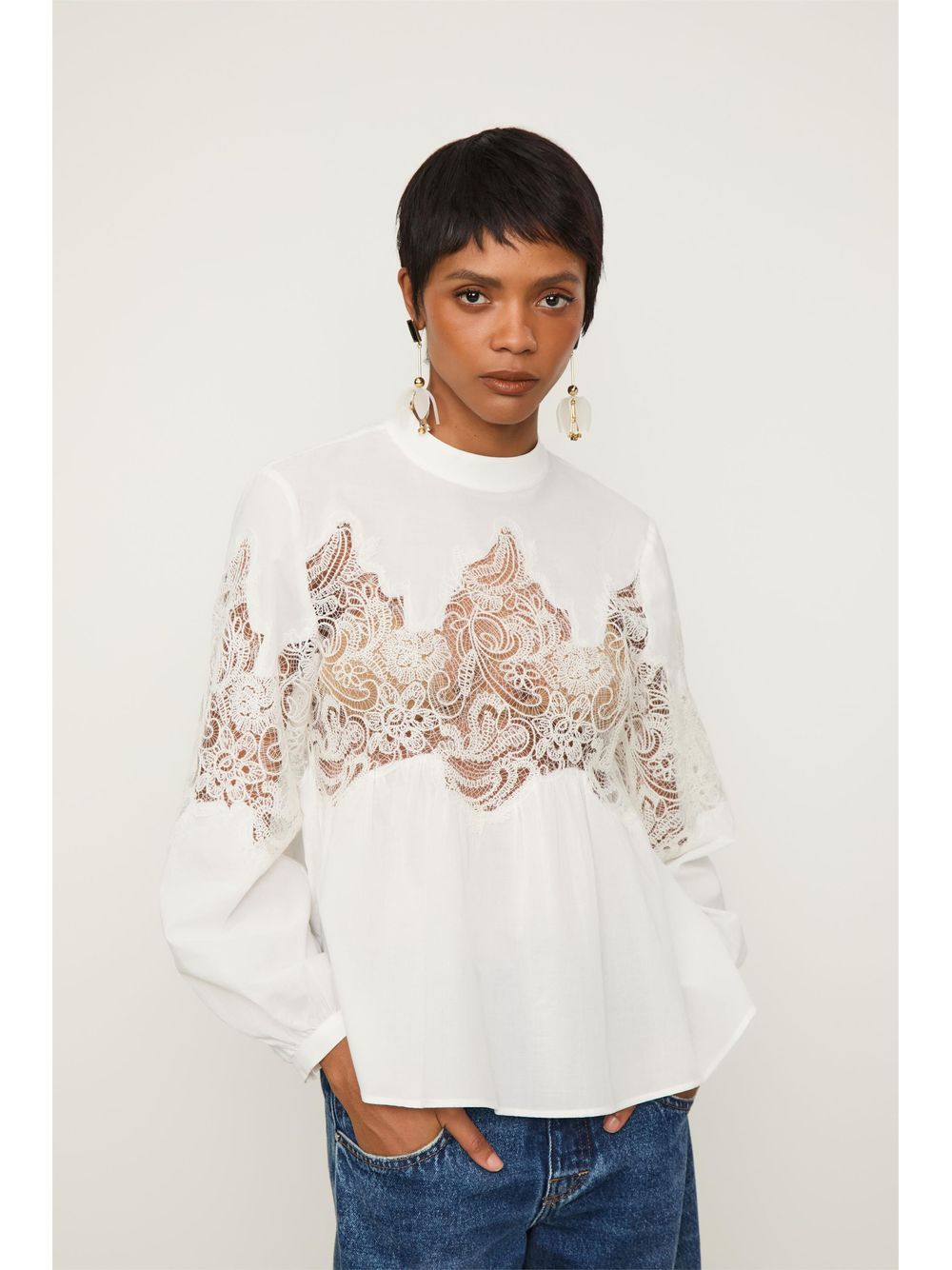 Animale — Blusa De Algodão Com Manga Longa Recorte De Renda Branca
